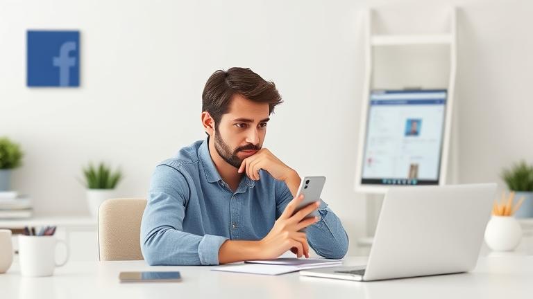 alt_text: Person at desk looking at phone, with social media elements, evoking curiosity about reactivating Facebook.
