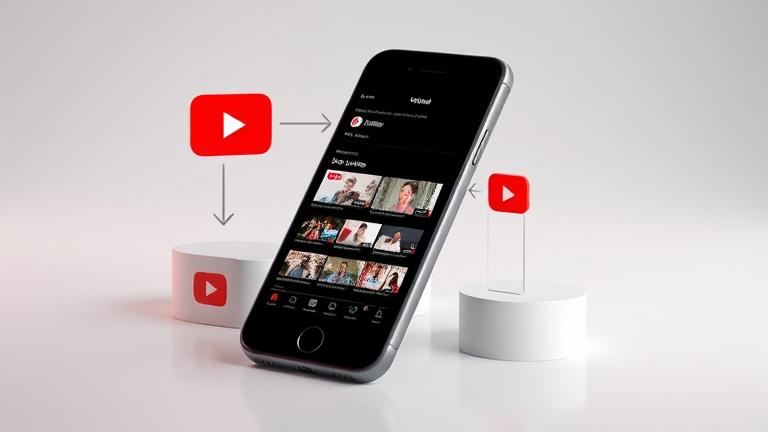 alt_text: iPhone upload screen with multiple videos, YouTube logo, and icons in a modern setting.