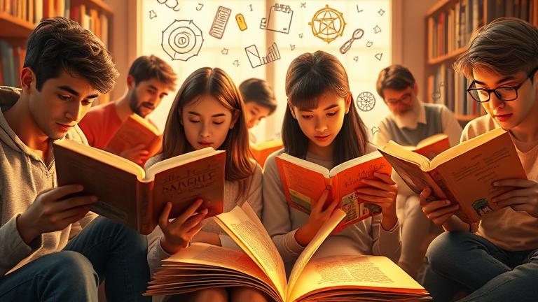 alt_text: Diverse readers immersed in books with vivid illustrations coming alive, blending art and story.