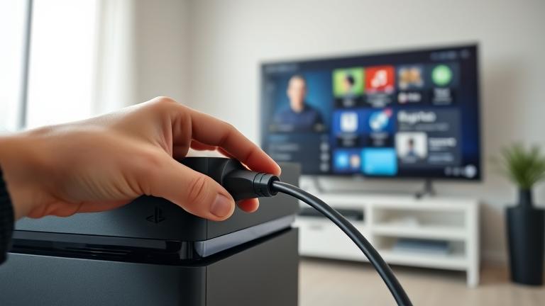 alt_text: Hands connect Ethernet to PS4 in a neat setup, with a gaming menu on the TV.