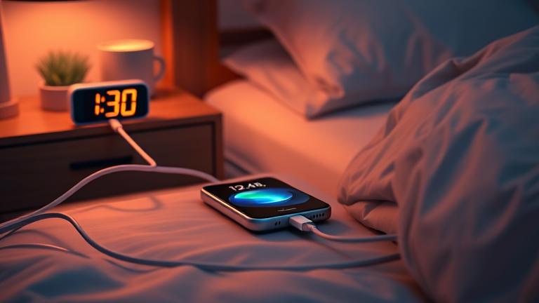 alt_text: iPhone charging overnight on a cozy bedside table with warm lighting and a digital clock.