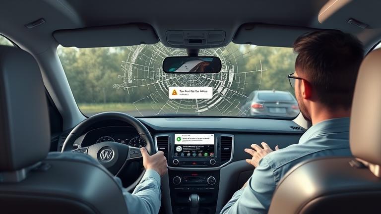 alt_text: Frustrated driver with cracked dashboard, phone warn, highlighting Android Auto error.