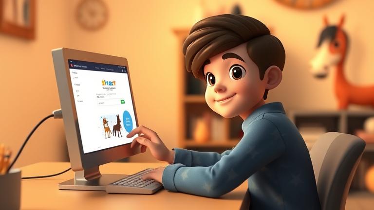 alt_text: Friendly young person verifies account on device, with stars and horses in a cozy room.