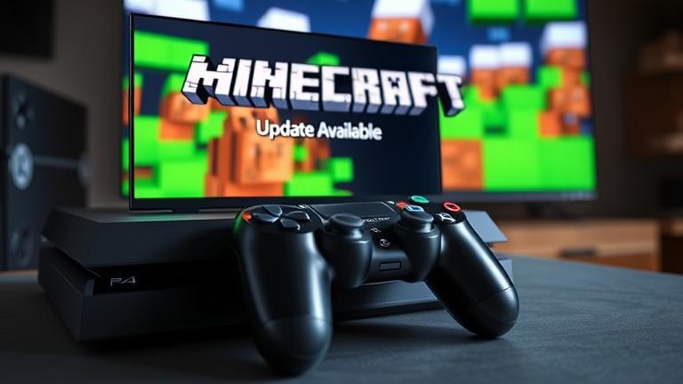alt_text: PS4 with Minecraft menu and update alert, vibrant setup, gaming excitement.