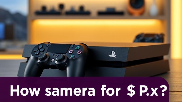 alt_text: PS4 console with camera, showing price overlay, modern gaming setup, "How much for PS4 camera?"