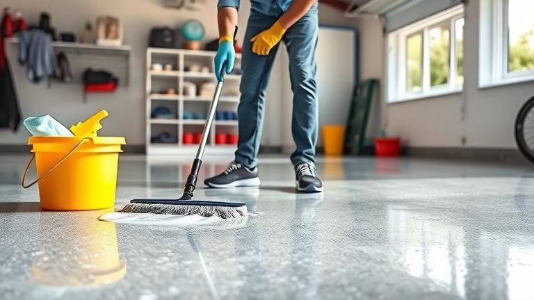 alt_text: Person cleaning shiny epoxy garage floor with scrub brush, mop, and cleaning supplies.