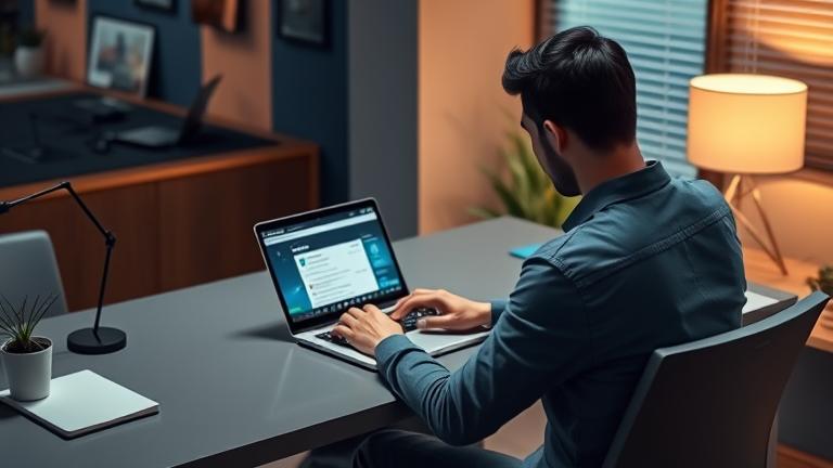 alt_text: Person working at desk with LinkedIn homepage, in a modern, professional setting, taking a break.