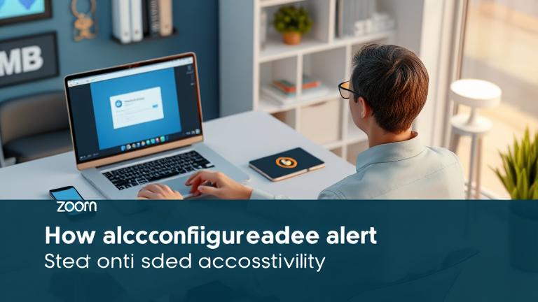Person with visual impairment configuring Zoom alerts on laptop and smartphone for accessibility.
