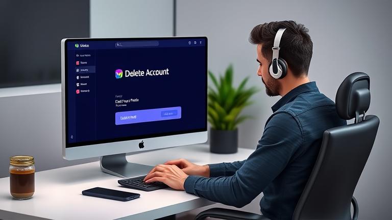 alt_text: Tech-savvy person at desk with Mixer app on screen showing "Delete Account" option.