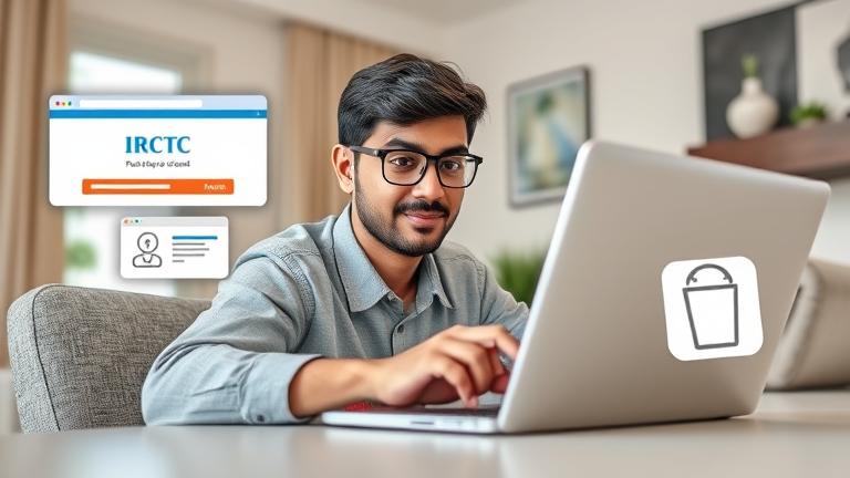 alt_text: Person managing IRCTC account on laptop in a modern workspace, with delete icons visible.