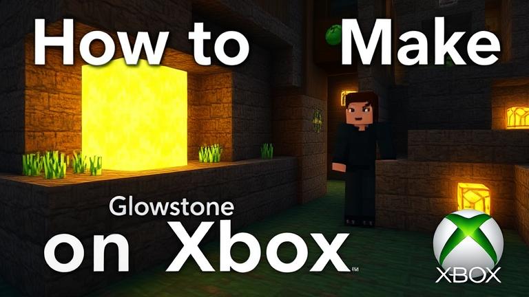 alt_text: Player interacts with glowing glowstone in Minecraft scene with Xbox controller and branding.