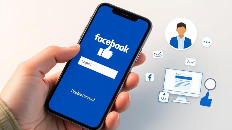 alt_text: Frustrated person with phone showing disabled Facebook account, help center on computer.