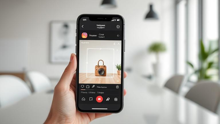 alt_text: Smartphone showing Instagram crop tools in a modern workspace, guiding effective image cropping.