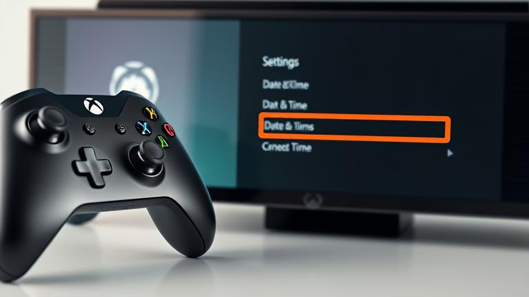 alt_text: Xbox One controller and screen showing Date & Time settings, highlighting manual time change.