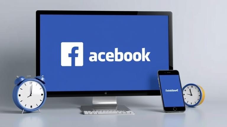 alt_text: Smartphone with Facebook logo, "deleted account" message, clock, and timeline, clean design.