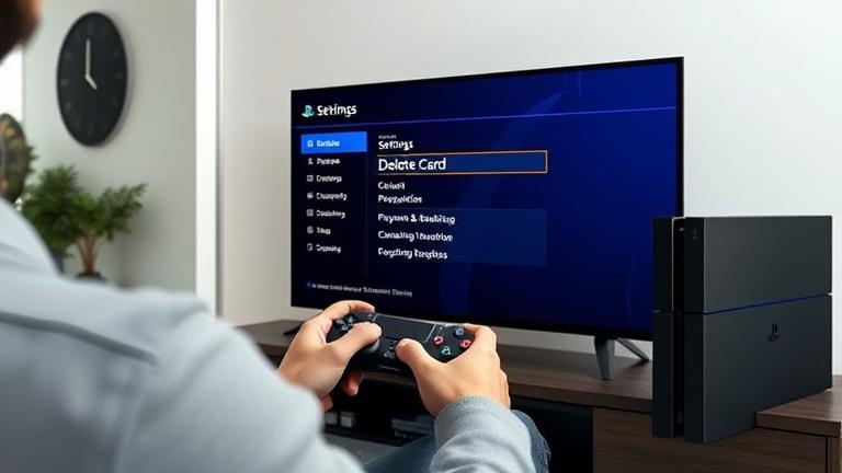 alt_text: Person manages PS4 payment settings on TV, highlighting "Delete Card" option in a modern living room.
