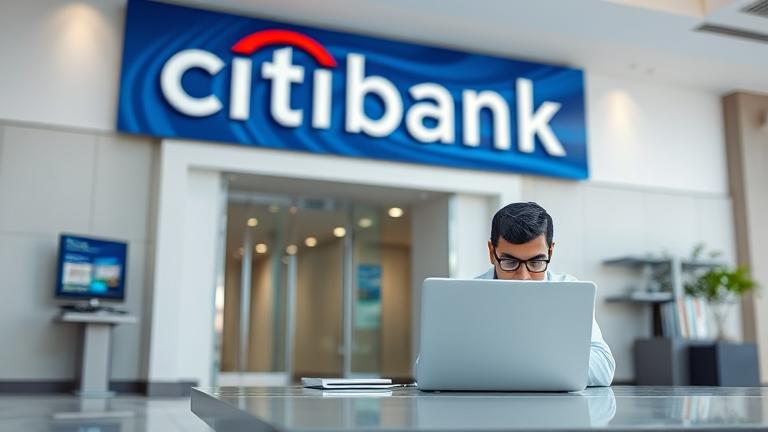 alt_text: Citibank branch with digital cues and a concerned person, hinting at cybersecurity issues.