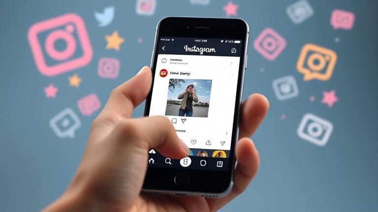 alt_text: Smartphone sharing a photo on Instagram with social icons and vibrant colors.