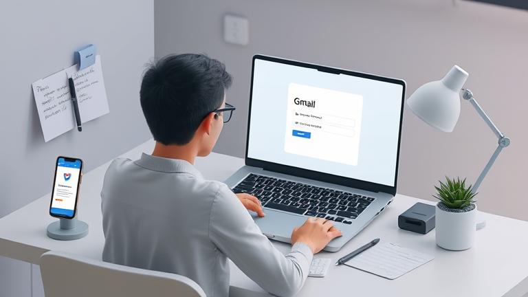 alt_text: Person attempts Gmail account recovery at desk with laptop, phone, notes, and recovery hints.