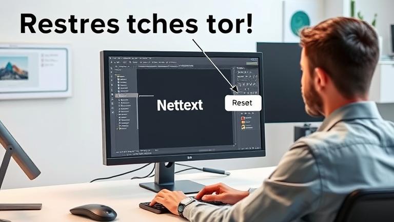 alt_text: Designer editing text in Photoshop, highlighting the reset option in a modern workspace.
