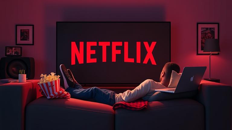 A person relaxing on a sofa with Netflix on screen, remote, popcorn, and cozy lighting.
