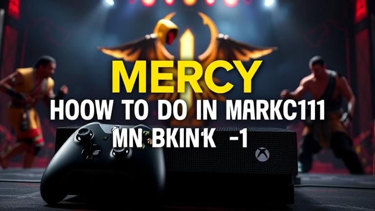 alt_text: MK11 mercy move guide with Xbox One console, featuring intense action scene and bold title.