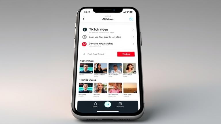 alt_text: Smartphone screen deleting TikTok videos, showing selection, delete icons, and confirmation.