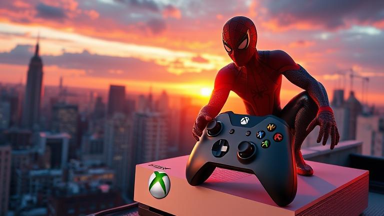 alt_text: Spider-Man on a rooftop at sunset with an Xbox console and controller, hinting at a new game.