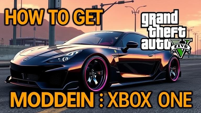 alt_text: Customized GTA 5 Xbox One car with mods, urban backdrop, gaming icons, and bold text.
