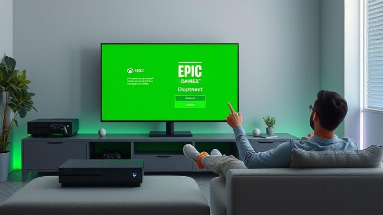 alt_text: Gamer disconnects Epic from Xbox One; account settings on screen, modern setup, vibrant colors.