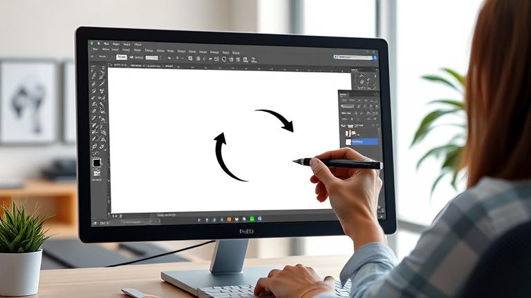 alt_text: User rotates the Illustrator canvas in a modern workspace with a mouse and tools visible.