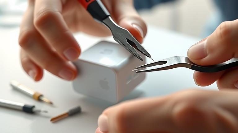 alt_text: Person repairing a bent iPhone charger with tools in a clean, modern workspace.