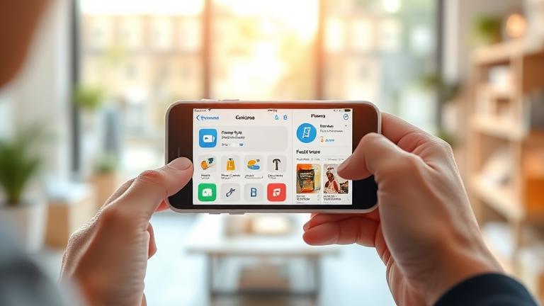 alt_text: iPhone showing Cocoppa app with customization options, held by a person in a bright, modern setting.