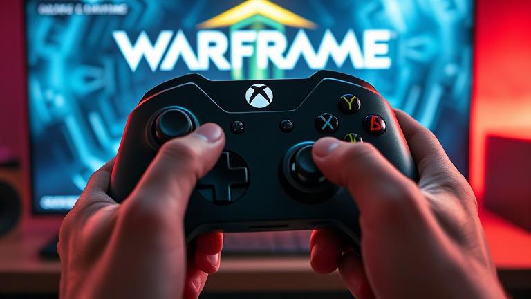 alt_text: Hands restart Warframe on Xbox One, with console, game logo, and vibrant gaming ambiance.