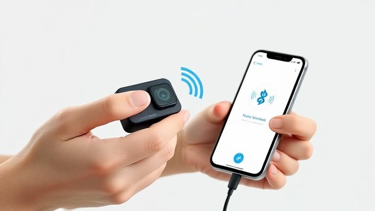 Alt_text: Person connects a mini camera to their smartphone via wireless, with icons indicating pairing.