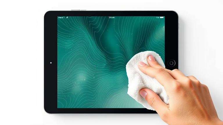 alt_text: iPad with water spots, being dried or cleaned to fix moisture damage.