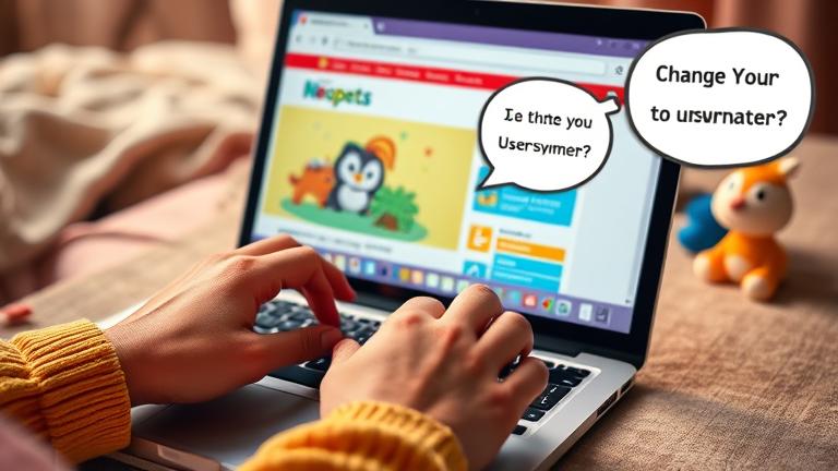 A user's hands on a laptop with Neopets website open, showing playful characters and a decision moment.