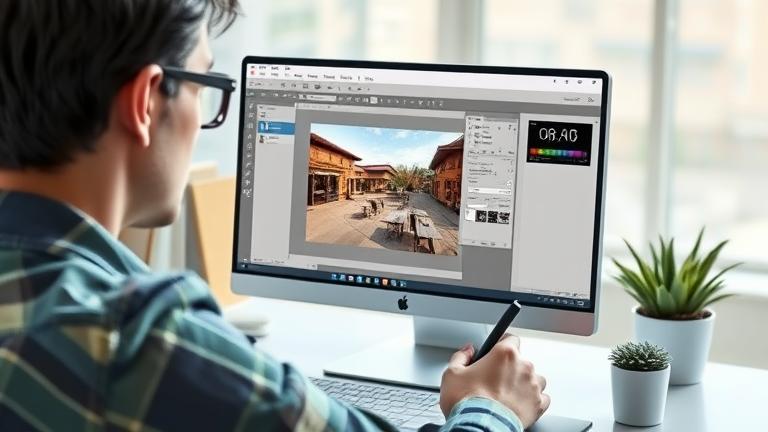 alt_text: Person editing a photo in GIMP on a computer, showcasing tools and layers in a modern workspace.