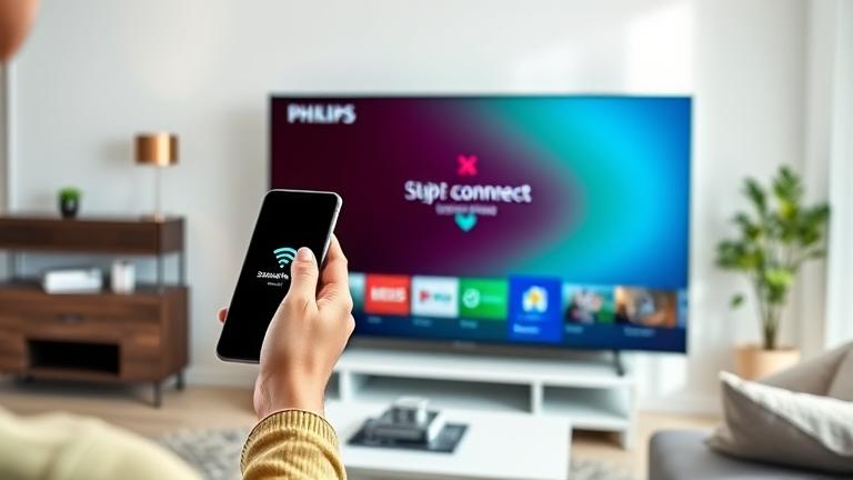 alt_text: Person connects Android phone to Philips Smart TV via Wi-Fi in a modern, bright living room.
