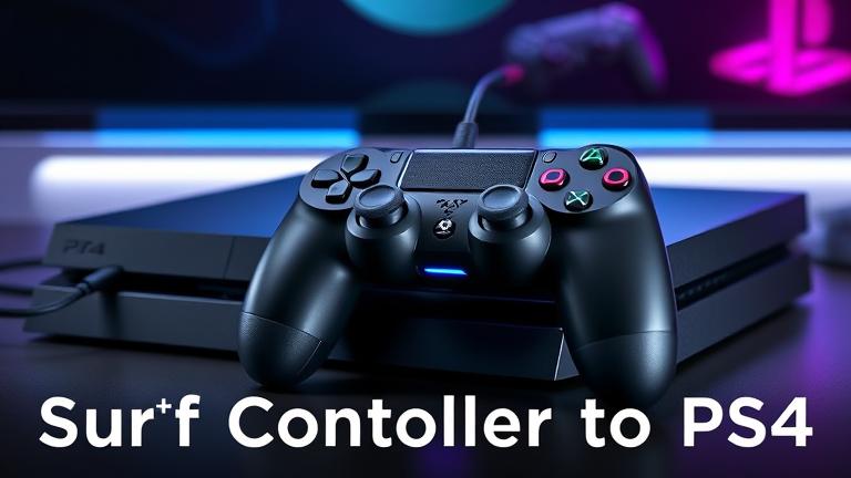 alt_text: PS4 with a Scuf controller connected via USB, set in a modern gaming setup.