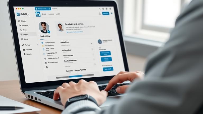 alt_text: Person updates their email in LinkedIn profile on laptop, showcasing a professional setting.