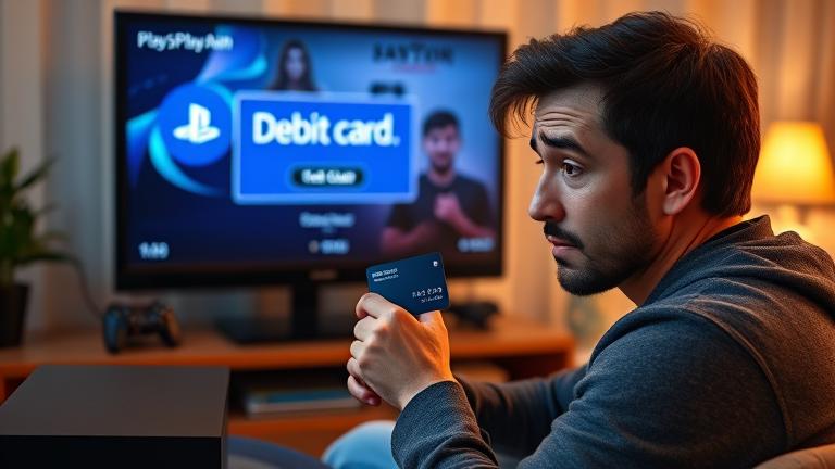 alt_text: Frustrated person troubleshooting payment error on PS4 with debit card in a modern gaming setup.