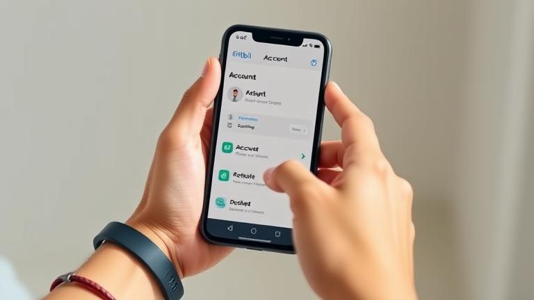 alt_text: Person with Fitbit app on phone, showing account settings and delete options, in natural light.