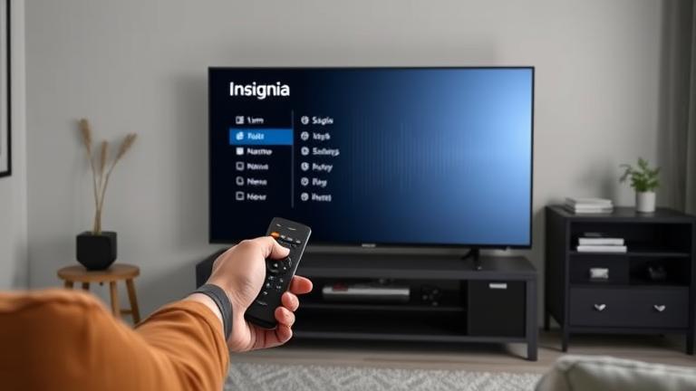 alt_text: Person using remote to turn off audio description on modern Insignia TV in a cozy home.