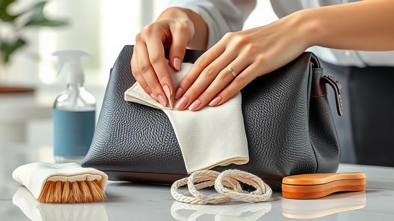 alt_text: Close-up of cleaning saffiano leather with gentle tools in a bright, stylish workspace.
