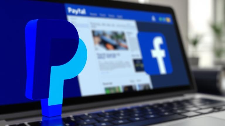 alt_text: PayPal and Facebook logos linked via digital lines on a screen, symbolizing integration.
