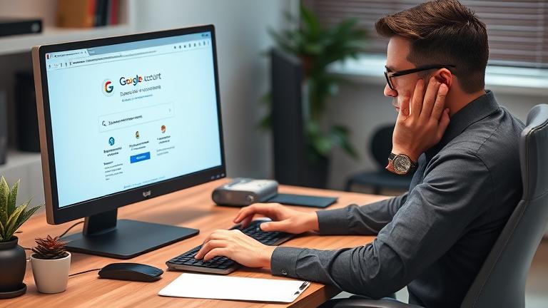 alt_text: Person worried at desk trying to recover deleted Google account on laptop in a home setting.