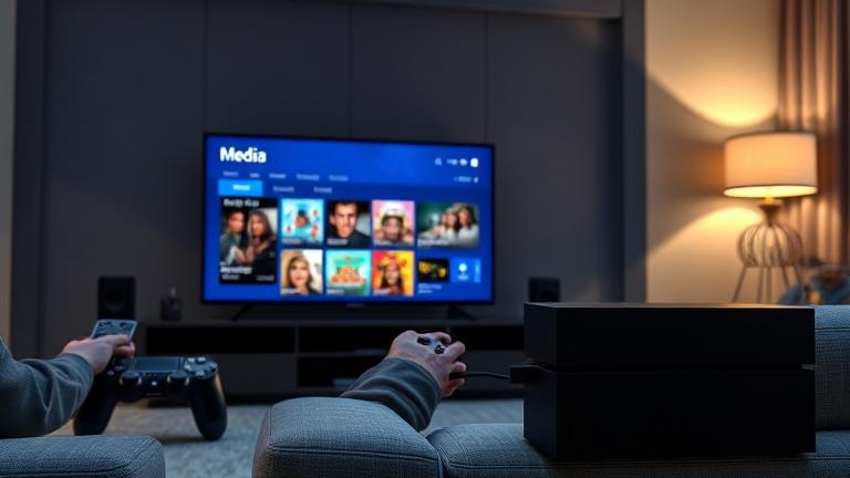 alt_text: PS4 in a cozy living room streaming movies with controller, TV, DVD shelf, and ambient light.