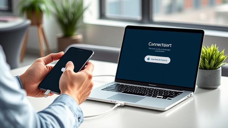 alt_text: Person connects iPhone to MacBook Air in a bright, modern workspace showing seamless syncing.