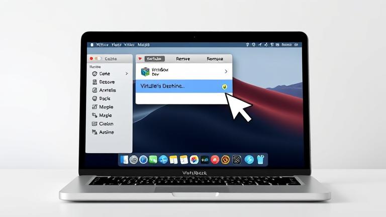 alt_text: MacBook screen shows VM removal, cursor clicking "Delete" icon, sleek, modern design.